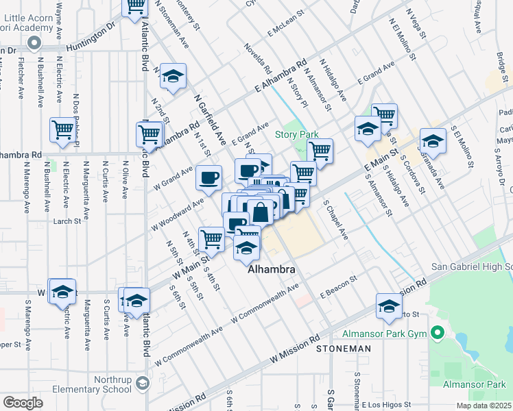 map of restaurants, bars, coffee shops, grocery stores, and more near 123 North Garfield Avenue in Alhambra