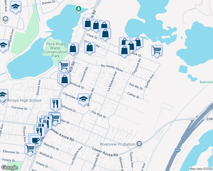 map of restaurants, bars, coffee shops, grocery stores, and more near 5255 La Madera Avenue in El Monte