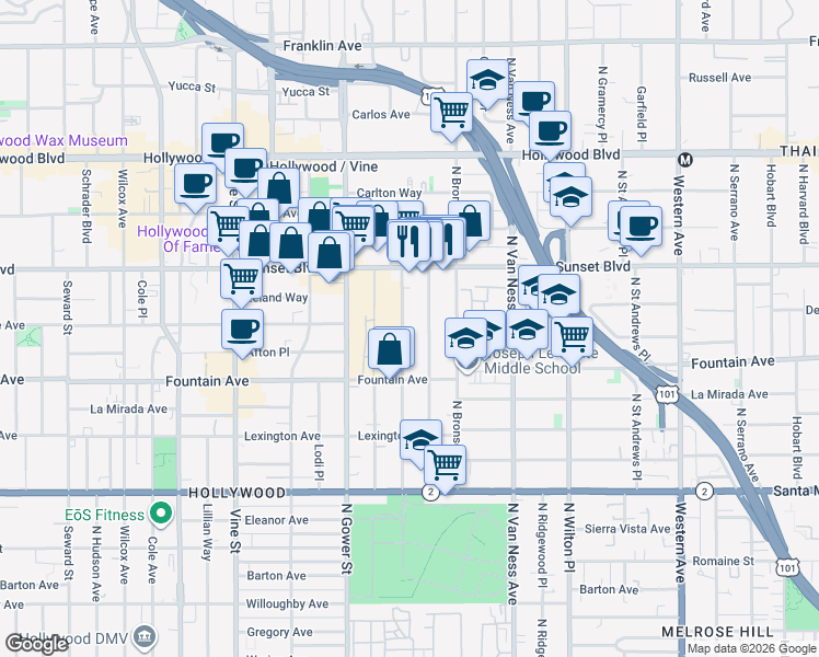 map of restaurants, bars, coffee shops, grocery stores, and more near 1428 Gordon Street in Los Angeles