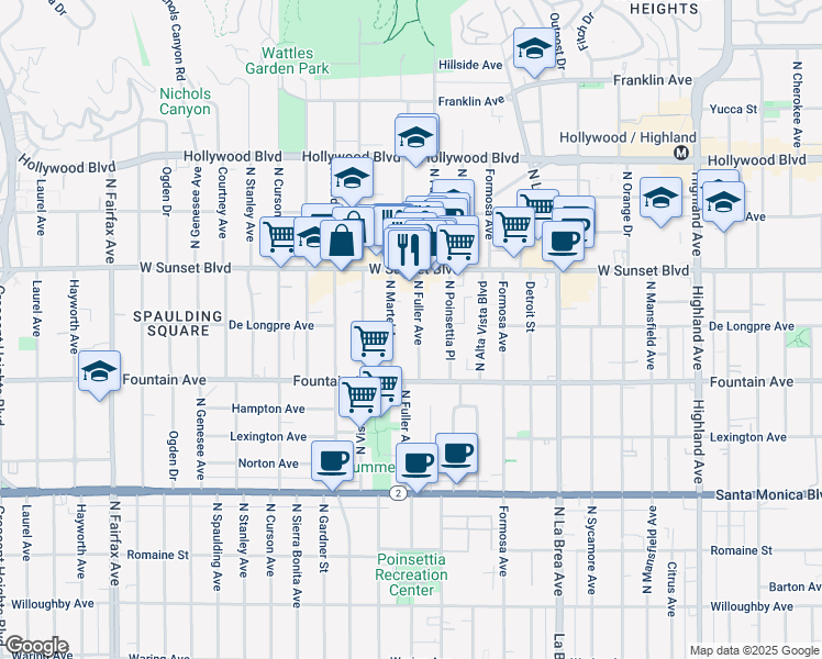 map of restaurants, bars, coffee shops, grocery stores, and more near 1353 North Fuller Avenue in Los Angeles
