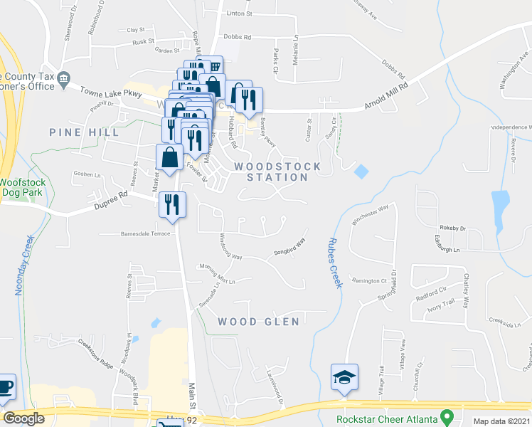 map of restaurants, bars, coffee shops, grocery stores, and more near 508 Melody Place in Woodstock
