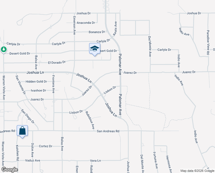 map of restaurants, bars, coffee shops, grocery stores, and more near 58440 Lisbon Drive in Yucca Valley