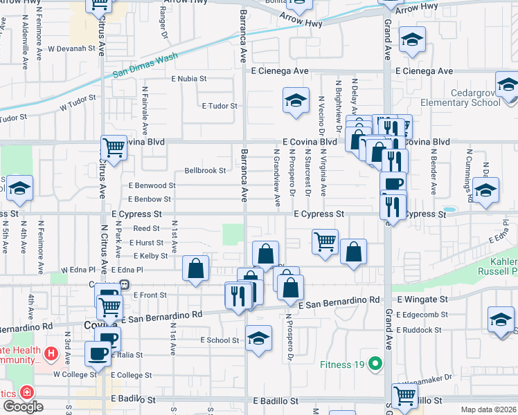 map of restaurants, bars, coffee shops, grocery stores, and more near 525 East Benbow Street in Covina