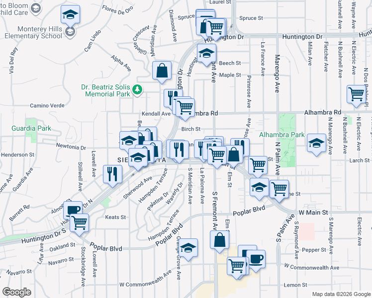 map of restaurants, bars, coffee shops, grocery stores, and more near 2815 West Grand Avenue in Alhambra