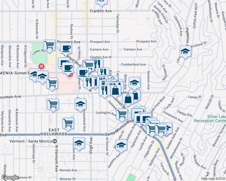 map of restaurants, bars, coffee shops, grocery stores, and more near in Los Angeles
