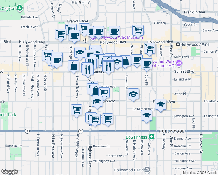 map of restaurants, bars, coffee shops, grocery stores, and more near 1408 North Las Palmas Avenue in Los Angeles