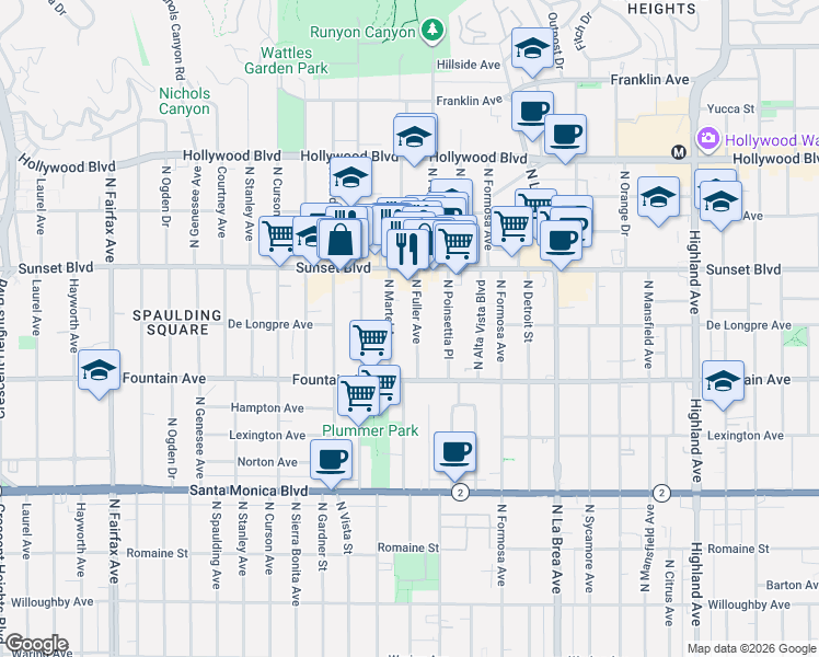 map of restaurants, bars, coffee shops, grocery stores, and more near 1411 North Fuller Avenue in Los Angeles
