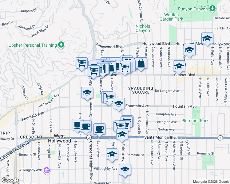 map of restaurants, bars, coffee shops, grocery stores, and more near 1429 North Fairfax Avenue in West Hollywood