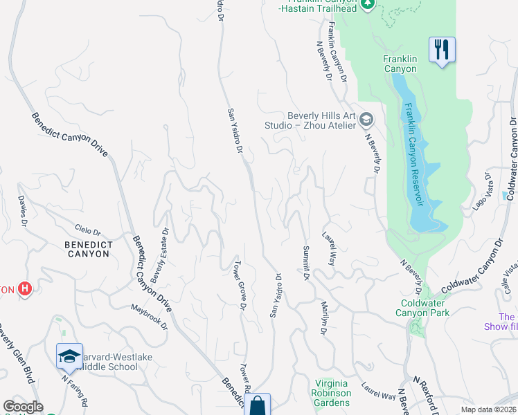 map of restaurants, bars, coffee shops, grocery stores, and more near 1366 San Ysidro Drive in Beverly Hills