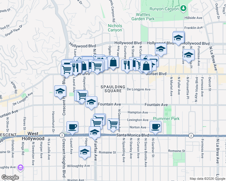 map of restaurants, bars, coffee shops, grocery stores, and more near 1356 North Ogden Drive in West Hollywood
