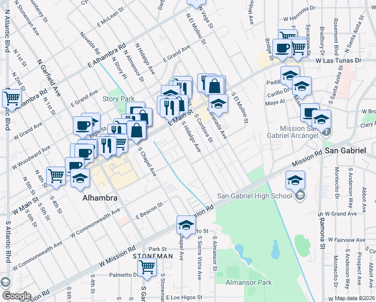 map of restaurants, bars, coffee shops, grocery stores, and more near 132 South Almansor Street in Alhambra