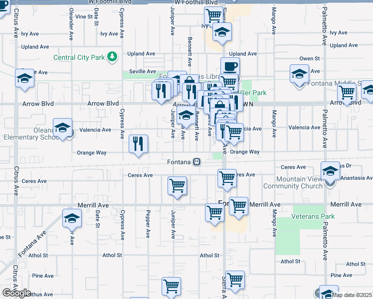 map of restaurants, bars, coffee shops, grocery stores, and more near 16742 Orange Way in Fontana
