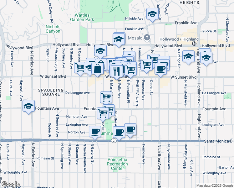map of restaurants, bars, coffee shops, grocery stores, and more near 1353 North Fuller Avenue in Los Angeles