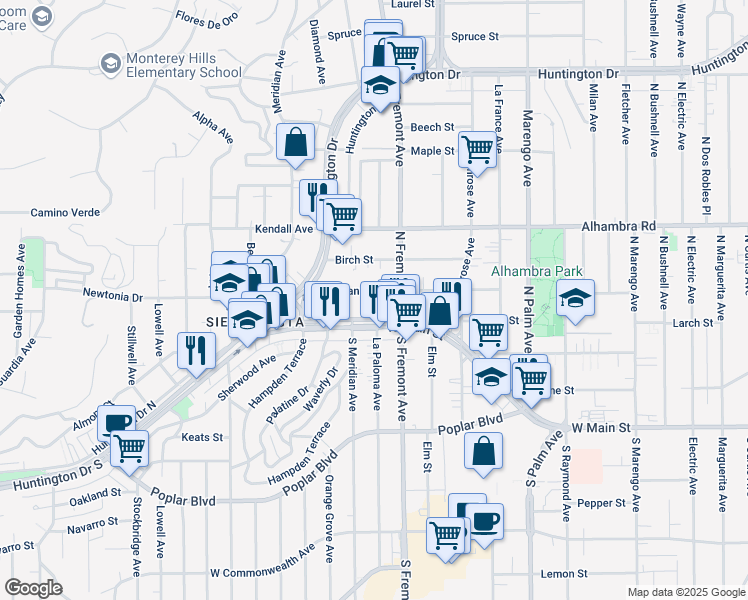 map of restaurants, bars, coffee shops, grocery stores, and more near 2703 West Grand Avenue in Alhambra