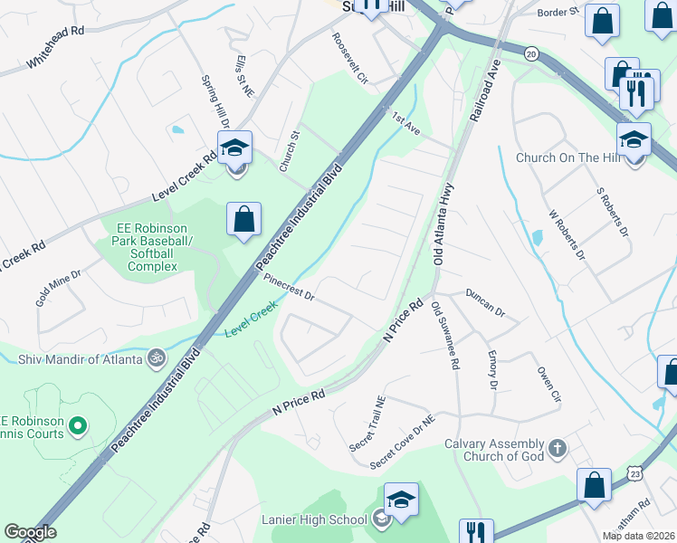 map of restaurants, bars, coffee shops, grocery stores, and more near 4680 Riley Run Court in Sugar Hill