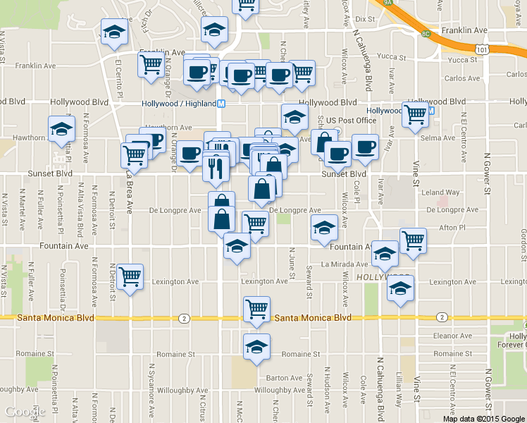 map of restaurants, bars, coffee shops, grocery stores, and more near 6680 De Longpre Avenue in Los Angeles