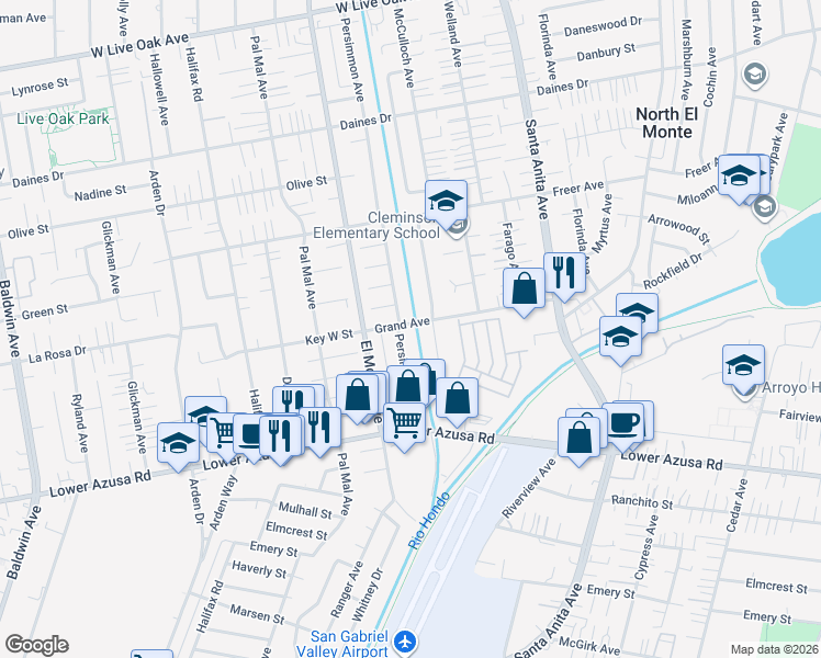 map of restaurants, bars, coffee shops, grocery stores, and more near 10733 Grand Avenue in Temple City