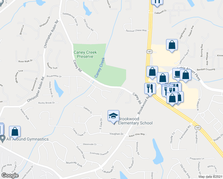 map of restaurants, bars, coffee shops, grocery stores, and more near 2845 Stonehenge Court in Cumming