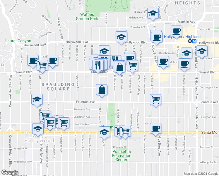 map of restaurants, bars, coffee shops, grocery stores, and more near 1400 North Vista Street in Los Angeles