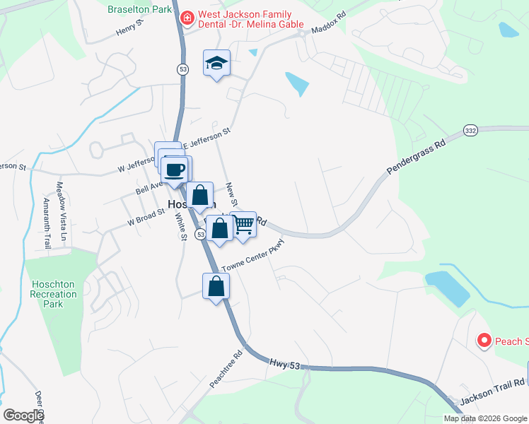 map of restaurants, bars, coffee shops, grocery stores, and more near 8422 Pendergrass Road in Hoschton