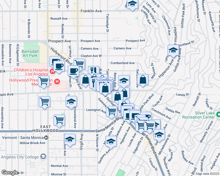 map of restaurants, bars, coffee shops, grocery stores, and more near 1322 Talmadge Street in Los Angeles