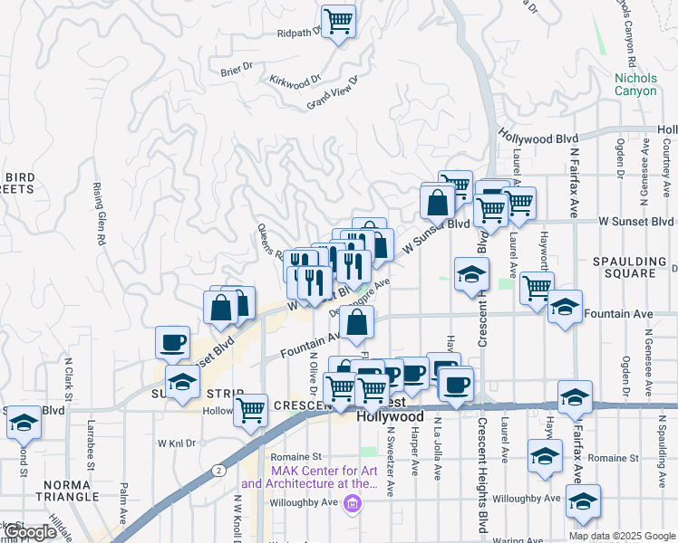 map of restaurants, bars, coffee shops, grocery stores, and more near 1429 N Kings Rd in Los Angeles