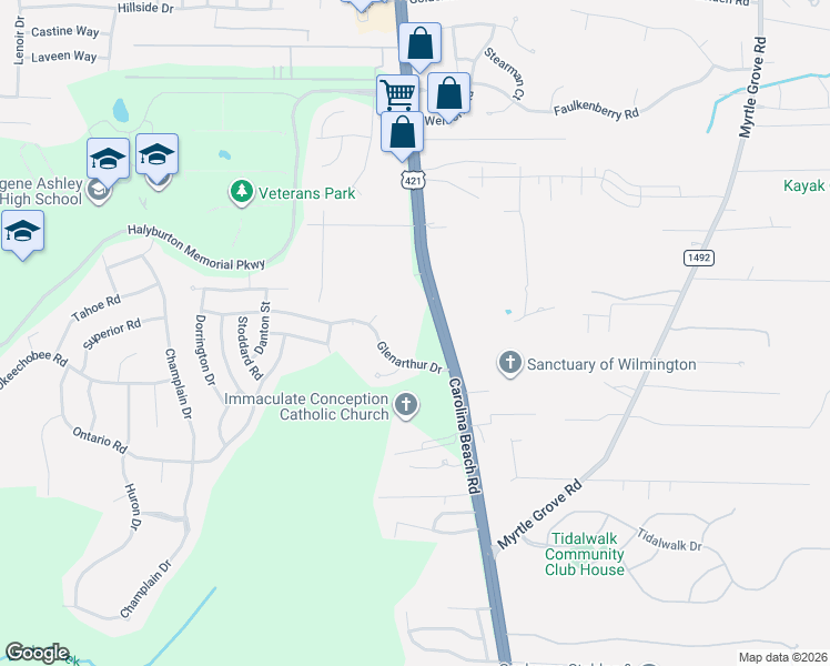 map of restaurants, bars, coffee shops, grocery stores, and more near 6622 Carolina Beach Road in Wilmington