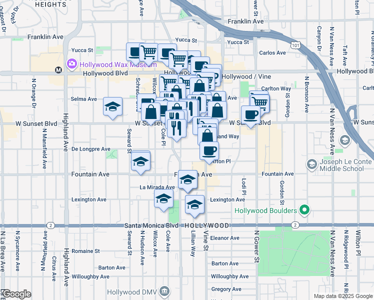 map of restaurants, bars, coffee shops, grocery stores, and more near 6390 De Longpre Avenue in Los Angeles