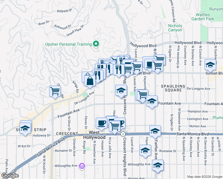 map of restaurants, bars, coffee shops, grocery stores, and more near 1415 Havenhurst Drive in Los Angeles