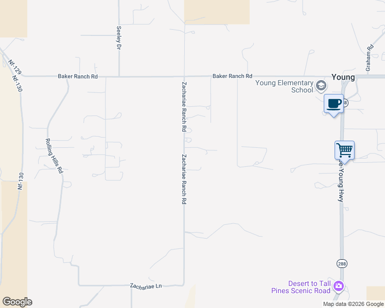map of restaurants, bars, coffee shops, grocery stores, and more near 289 Zachariae Ranch Road in Young