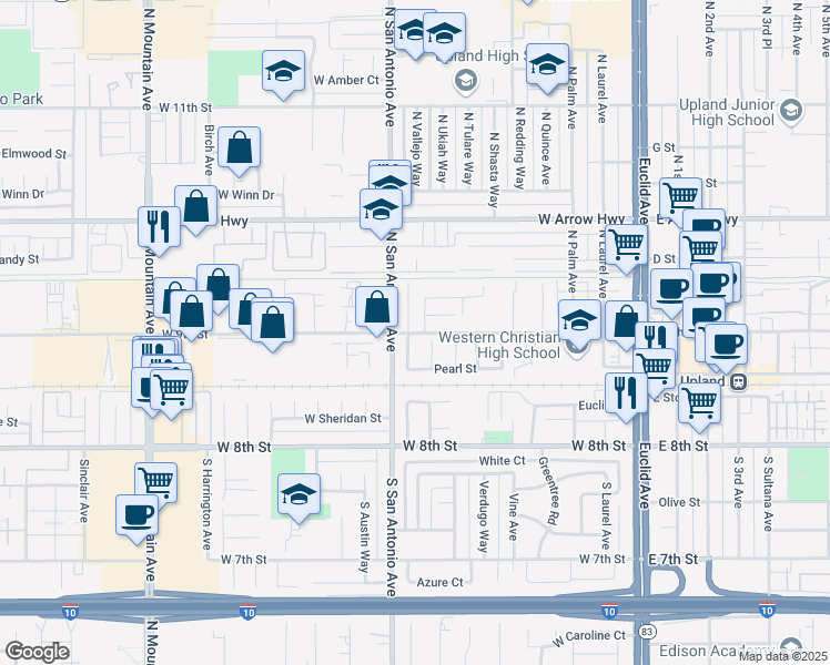 map of restaurants, bars, coffee shops, grocery stores, and more near 233 North Vallejo Way in Upland