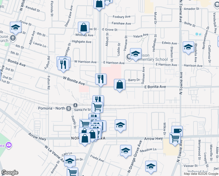 map of restaurants, bars, coffee shops, grocery stores, and more near 255 East Bonita Avenue in Pomona