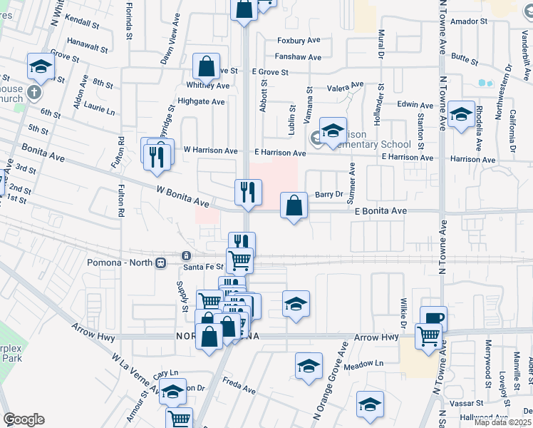 map of restaurants, bars, coffee shops, grocery stores, and more near 255 East Bonita Avenue in Pomona