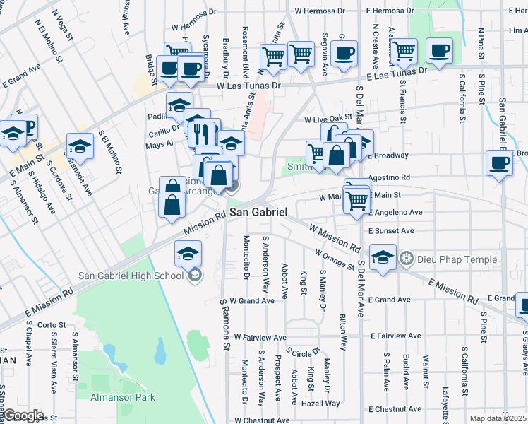 map of restaurants, bars, coffee shops, grocery stores, and more near in San Gabriel