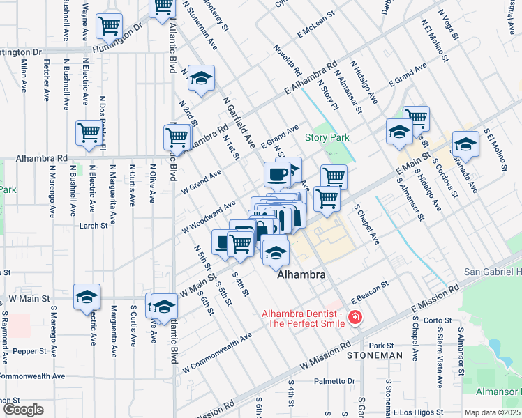 map of restaurants, bars, coffee shops, grocery stores, and more near 123 North 1st Street in Alhambra