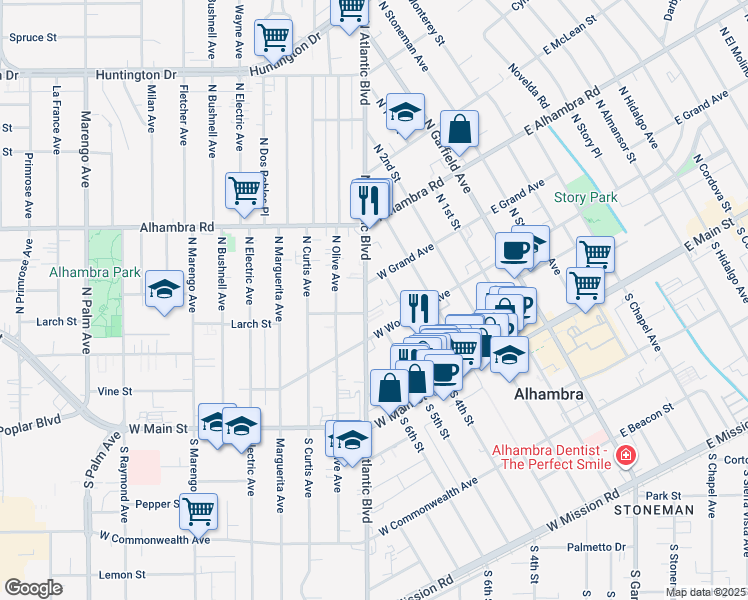 map of restaurants, bars, coffee shops, grocery stores, and more near 408 West Grand Avenue in Alhambra