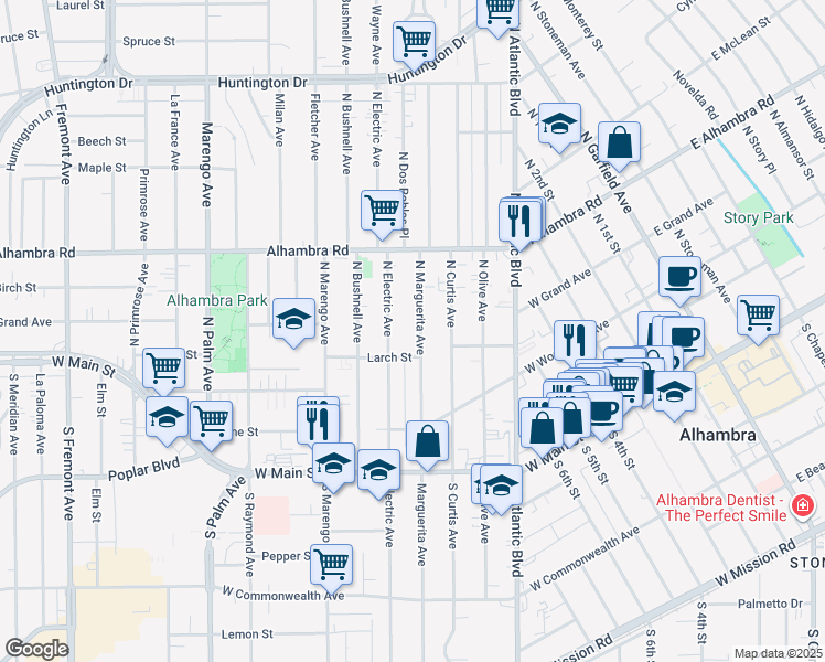 map of restaurants, bars, coffee shops, grocery stores, and more near 331 North Marguerita Avenue in Alhambra