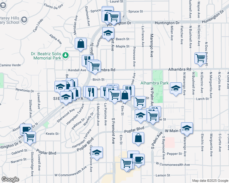 map of restaurants, bars, coffee shops, grocery stores, and more near 2525 West Grand Avenue in Alhambra