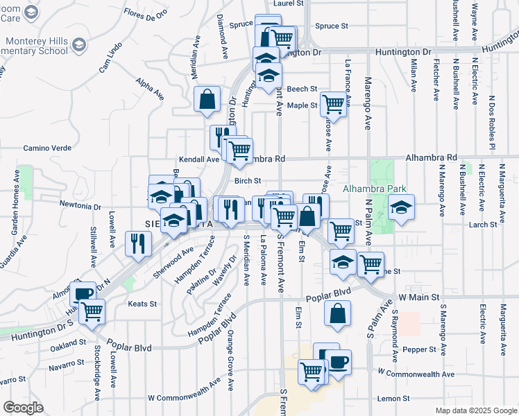 map of restaurants, bars, coffee shops, grocery stores, and more near 2703 West Grand Avenue in Alhambra