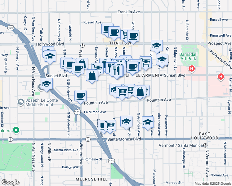 map of restaurants, bars, coffee shops, grocery stores, and more near 5246 De Longpre Avenue in Los Angeles