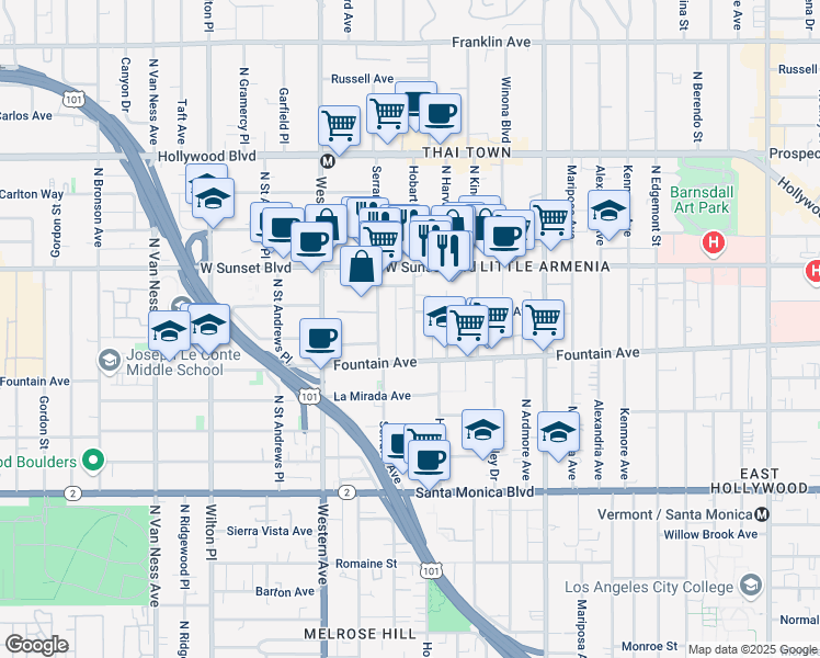map of restaurants, bars, coffee shops, grocery stores, and more near 1394 North Serrano Avenue in Los Angeles