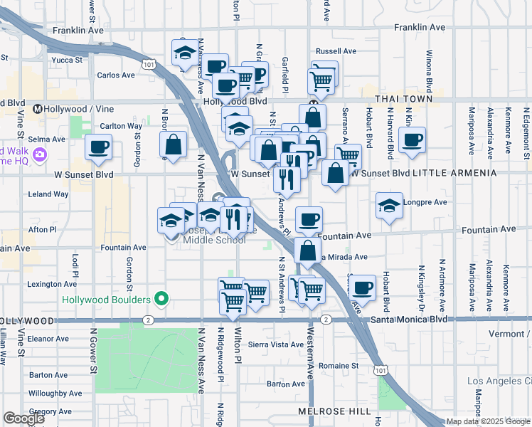 map of restaurants, bars, coffee shops, grocery stores, and more near 5645 Fernwood Avenue in Los Angeles