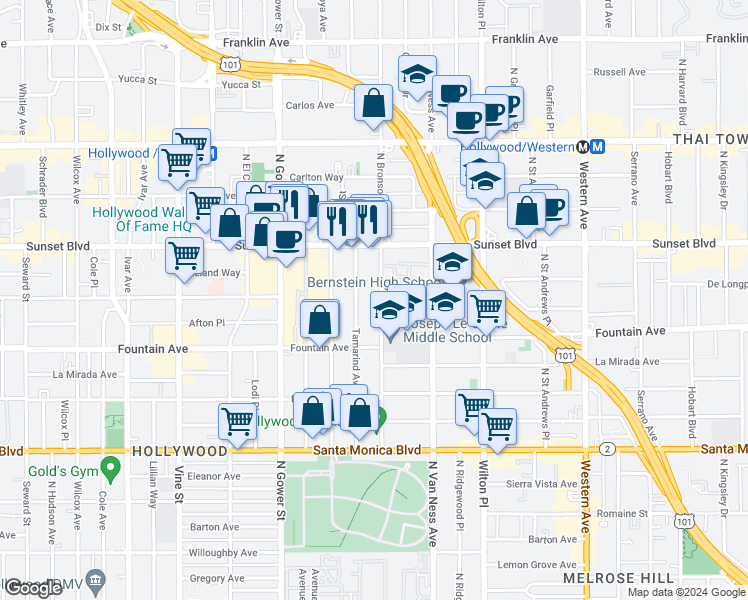 map of restaurants, bars, coffee shops, grocery stores, and more near 1421 North Bronson Avenue in Los Angeles