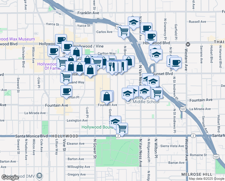 map of restaurants, bars, coffee shops, grocery stores, and more near 1428 Gordon Street in Los Angeles