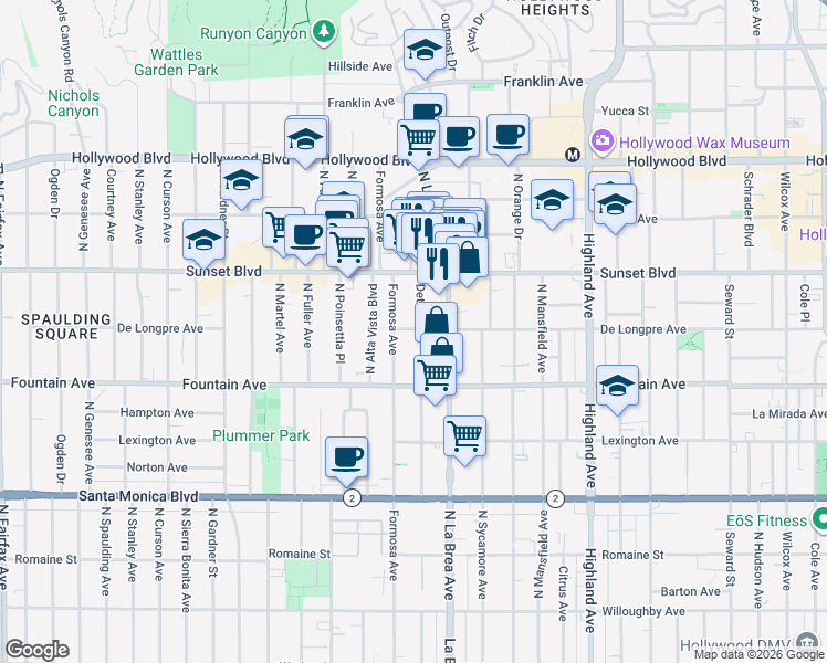 map of restaurants, bars, coffee shops, grocery stores, and more near 1411 North Detroit Street in Los Angeles