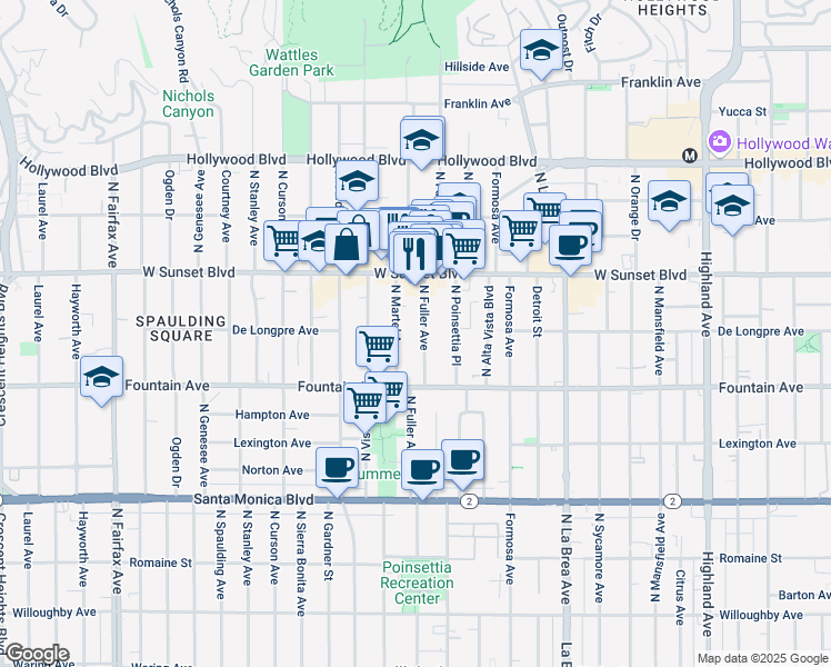 map of restaurants, bars, coffee shops, grocery stores, and more near 1411 North Fuller Avenue in Los Angeles
