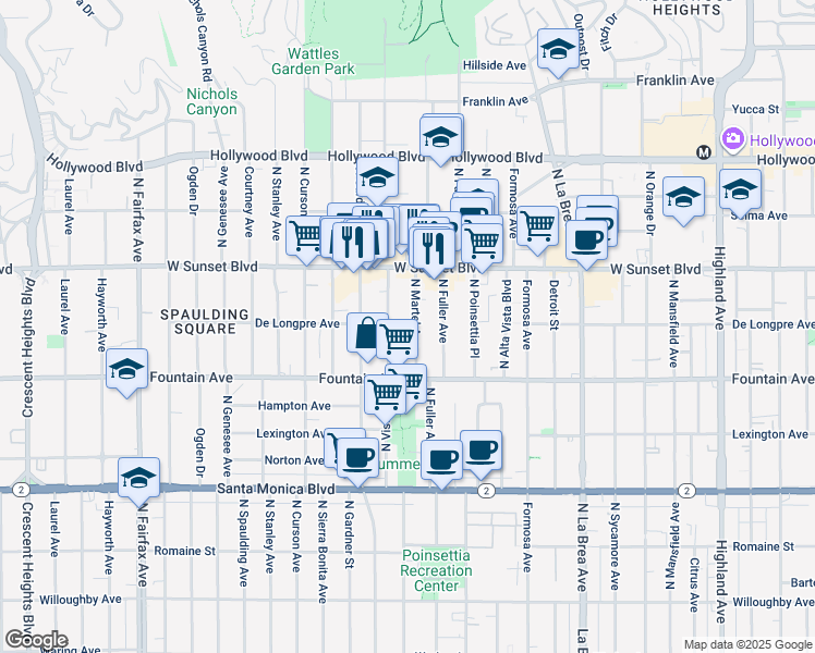 map of restaurants, bars, coffee shops, grocery stores, and more near 1416 North Vista Street in Los Angeles