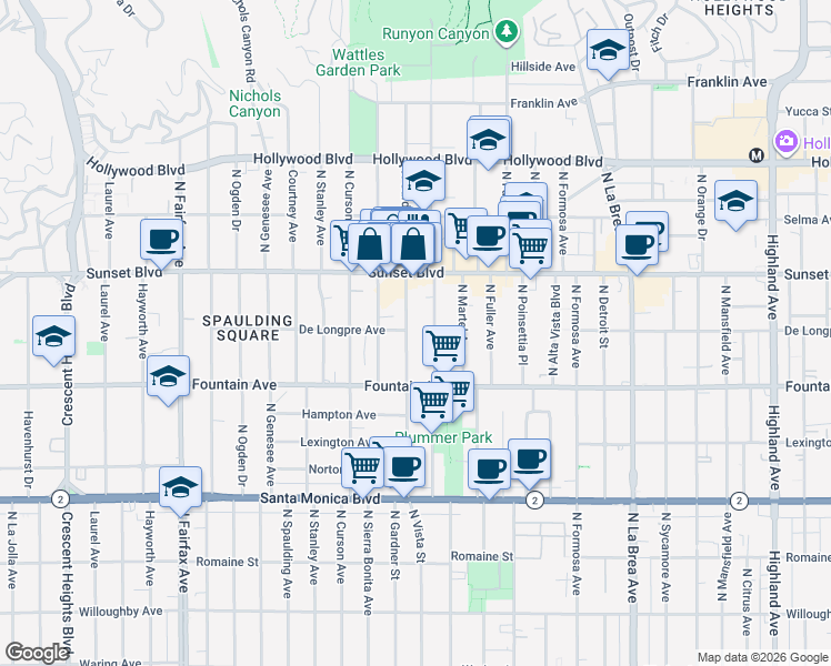 map of restaurants, bars, coffee shops, grocery stores, and more near 1403 North Gardner Street in Los Angeles