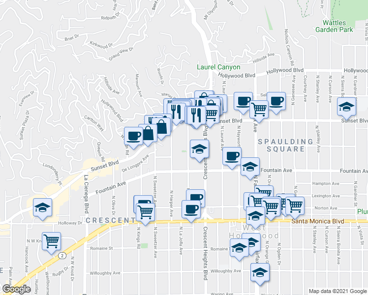 map of restaurants, bars, coffee shops, grocery stores, and more near 1415 Havenhurst Drive in Los Angeles
