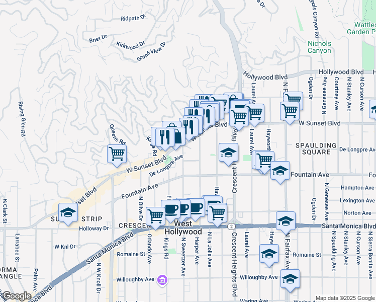 map of restaurants, bars, coffee shops, grocery stores, and more near 8272 Sunset Boulevard in West Hollywood